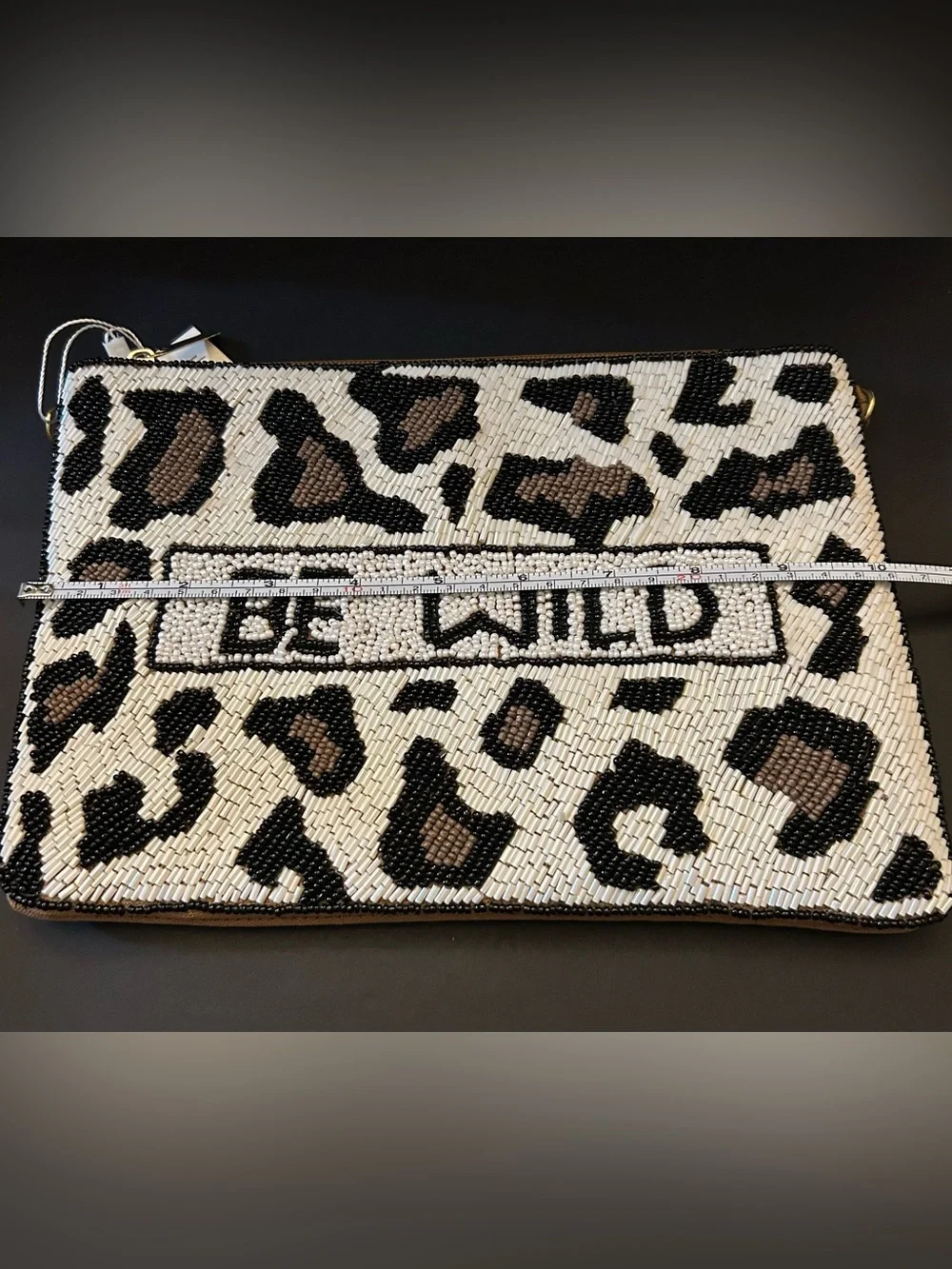 Beaded Leopard Animal Print ‘Be Wild' Zip Clutch- Black, Off-White & Brown